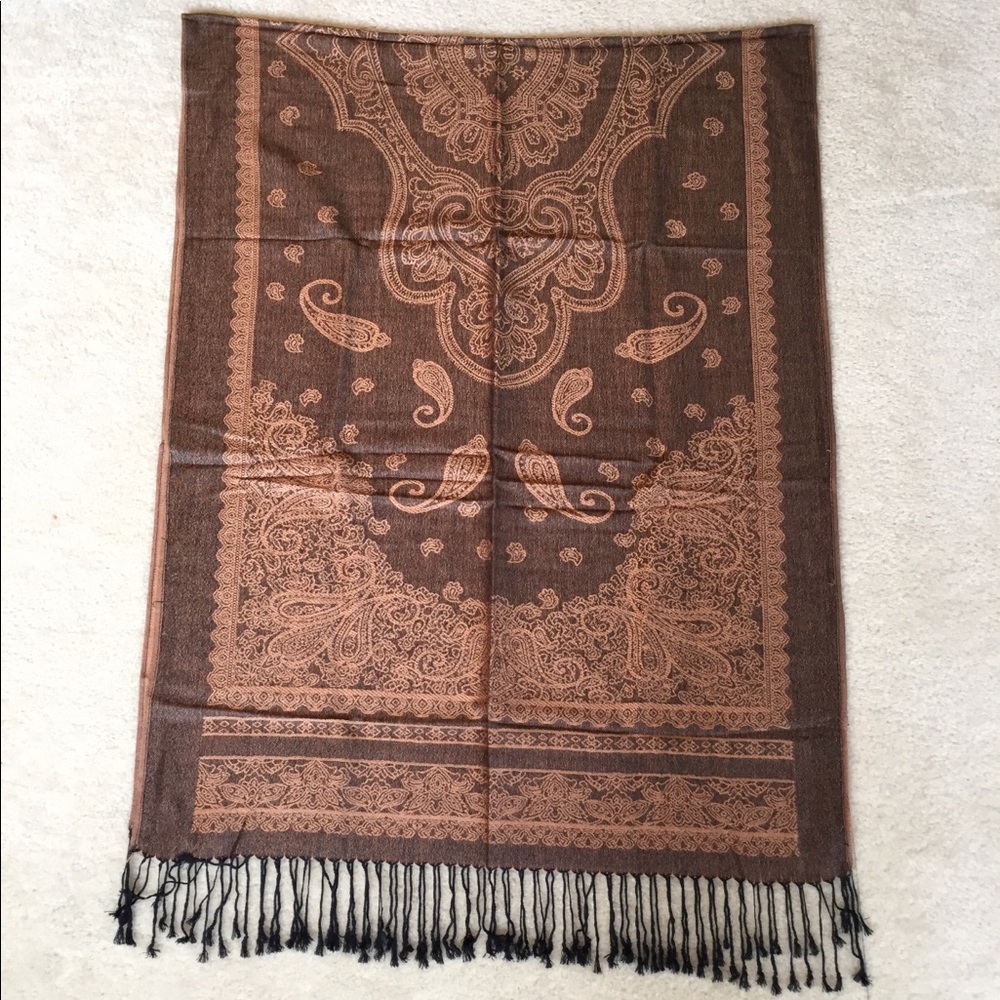 Tan and Black Pashmina & Silk Scarf